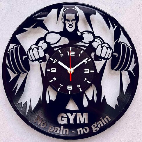 Gym Vinyl Record Clock - Workout Themed Gift Set Idea for Bodybuilder or Powerlifter Men - Bodybuilding Lover Home Gym Room Wall Decor and Equipment or Man Cave Training Decorations Theme Art Black in Saudi Arabia
