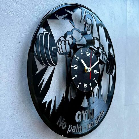 Gym Vinyl Record Clock - Workout Themed Gift Set Idea for Bodybuilder or Powerlifter Men - Bodybuilding Lover Home Gym Room Wall Decor and Equipment or Man Cave Training Decorations Theme Art Black in Saudi Arabia