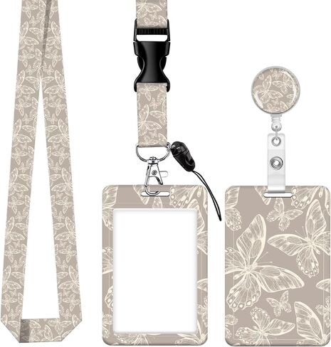 ID Badge Holder with Retractable Badge Reel Clip and Lanyard, Cute Card Name Tag Lanyard Vertical ID Protector Bage Clips for Nurse Doctor Teacher Student (Grey Butterfly) in Saudi Arabia