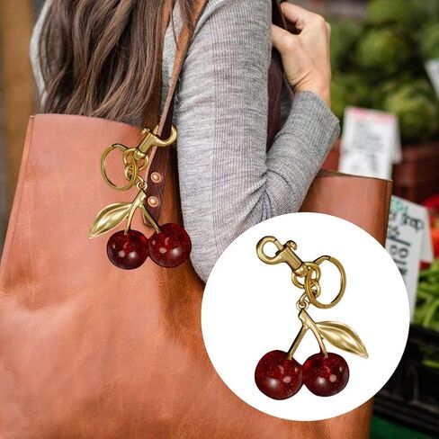 Flexita Cherry Bag Charm, Cherry Keychain Accessory Purse Charm, Cherries Handbag Pendant Keychain Women's, Resin Charm Cherry Pendant Shoulder Bag Decoration Fruit Leaf Shape Keychain With BOX in Saudi Arabia