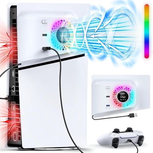 مروحة تبريد RGB مع غطاء لوحة لجهاز PS5 Slim الرقمي/القرص، سرعة تلقائية قابلة للتعديل بواسطة مستشعر درجة الحرارة، دليل 3 سرعات للمروحة ومحاور USB3.0، ملحقات نظام التبريد لوحدة التحكم PS5 Slim in Kuwait