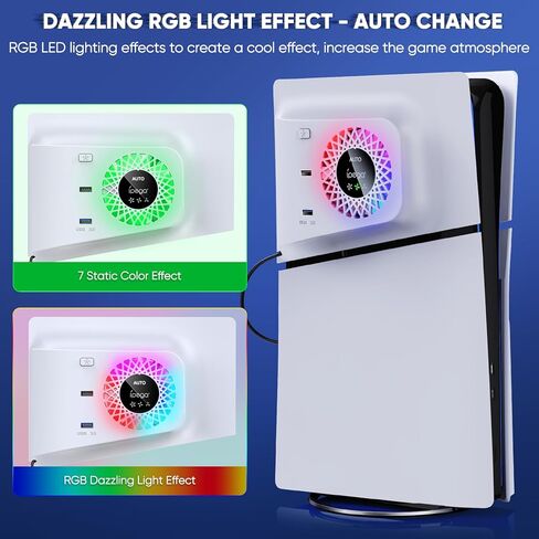 مروحة تبريد RGB مع غطاء لوحة لجهاز PS5 Slim الرقمي/القرص، سرعة تلقائية قابلة للتعديل بواسطة مستشعر درجة الحرارة، دليل 3 سرعات للمروحة ومحاور USB3.0، ملحقات نظام التبريد لوحدة التحكم PS5 Slim in Kuwait