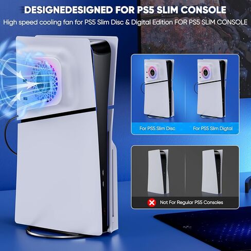 مروحة تبريد RGB مع غطاء لوحة لجهاز PS5 Slim الرقمي/القرص، سرعة تلقائية قابلة للتعديل بواسطة مستشعر درجة الحرارة، دليل 3 سرعات للمروحة ومحاور USB3.0، ملحقات نظام التبريد لوحدة التحكم PS5 Slim in Kuwait