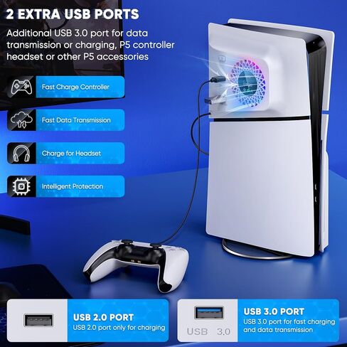 مروحة تبريد RGB مع غطاء لوحة لجهاز PS5 Slim الرقمي/القرص، سرعة تلقائية قابلة للتعديل بواسطة مستشعر درجة الحرارة، دليل 3 سرعات للمروحة ومحاور USB3.0، ملحقات نظام التبريد لوحدة التحكم PS5 Slim in Kuwait