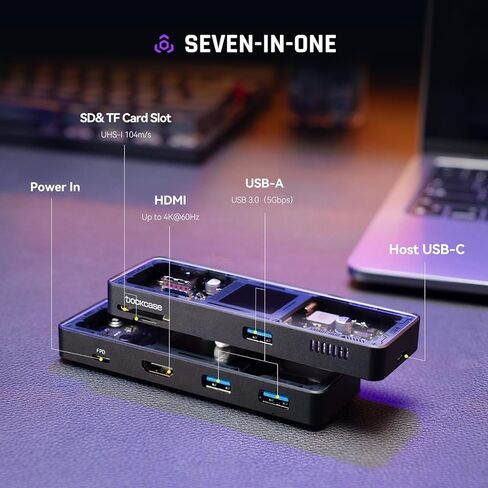 موزع DockCase Explorer Edition Visual Smart USB C (7 في 1) مع منفذ HDMI 4K@60 هرتز، توصيل طاقة PD 100 واط، 3 منافذ بيانات USB-A بسرعة 5 جيجابت في الثانية، قارئ بطاقة SD/TF، ​​لجهاز MacBook Air/Pro، iPad Pro، ديل XPS، والمزيد in Saudi Arabia