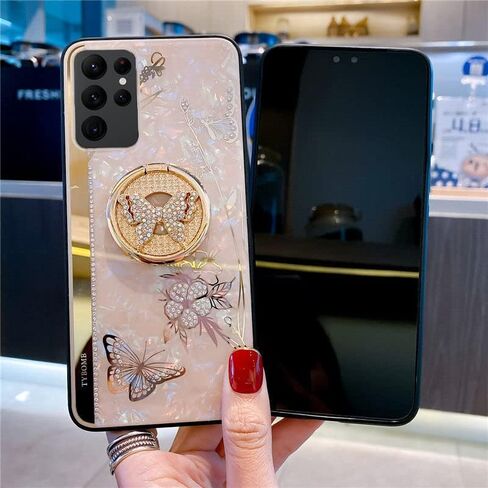 حافظة بمسند لهاتف Galaxy A54 5G، فراشة لطيفة بأحجار الراين المتلألئة مع حامل حلقي، غطاء حماية أنيق مضاد للصدمات للفتيات والنساء لهاتف Samsung Galaxy A54 5G 2023 (ذهبي وردي) in Kuwait