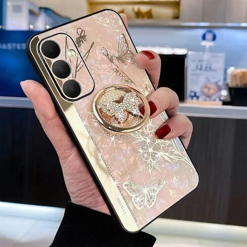حافظة بمسند لهاتف Galaxy A54 5G، فراشة لطيفة بأحجار الراين المتلألئة مع حامل حلقي، غطاء حماية أنيق مضاد للصدمات للفتيات والنساء لهاتف Samsung Galaxy A54 5G 2023 (ذهبي وردي) in Kuwait