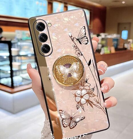 حافظة بمسند لهاتف Galaxy A54 5G، فراشة لطيفة بأحجار الراين المتلألئة مع حامل حلقي، غطاء حماية أنيق مضاد للصدمات للفتيات والنساء لهاتف Samsung Galaxy A54 5G 2023 (ذهبي وردي) in Kuwait