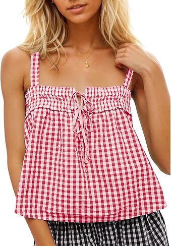 Women Y2K Tie Front Gingham Crop Tank Tops Square Neck Sleeveless Plaid Camisoles Summer Cute Backless Shirred Vest Shirt in Saudi Arabia