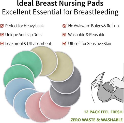 Reusable Nursing Pads 12 Pack,Washable Breast Pads Breastfeeding Essentials,Derived from Bamboo fibers,Newborn Necessities for Baby,Postpartum Essentials for Mom,Super Soft & Absorbent in Saudi Arabia
