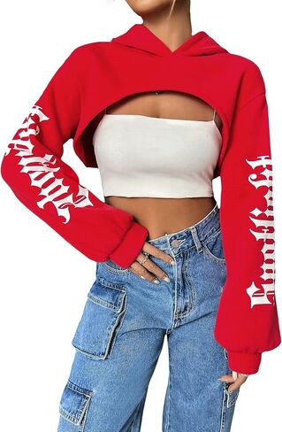 GORGLITTER Women's Letter Graphic Long Sleeve Super Crop Hoodie Drop Shoulder Sweatshirt Pullover Top Without Cami in Saudi Arabia