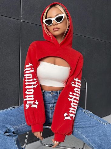 GORGLITTER Women's Letter Graphic Long Sleeve Super Crop Hoodie Drop Shoulder Sweatshirt Pullover Top Without Cami in Saudi Arabia