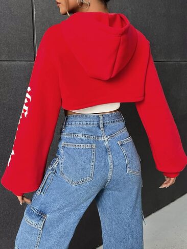 GORGLITTER Women's Letter Graphic Long Sleeve Super Crop Hoodie Drop Shoulder Sweatshirt Pullover Top Without Cami in Saudi Arabia