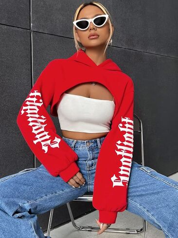 GORGLITTER Women's Letter Graphic Long Sleeve Super Crop Hoodie Drop Shoulder Sweatshirt Pullover Top Without Cami in Saudi Arabia