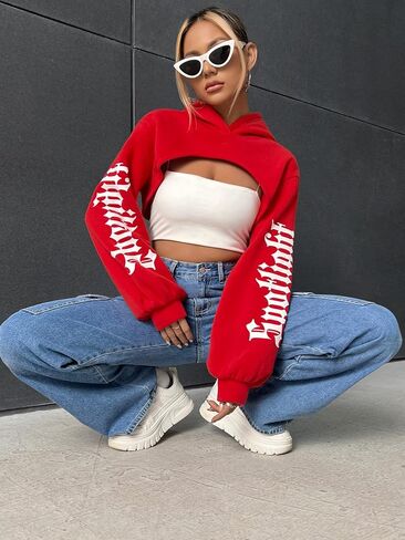 GORGLITTER Women's Letter Graphic Long Sleeve Super Crop Hoodie Drop Shoulder Sweatshirt Pullover Top Without Cami in Saudi Arabia