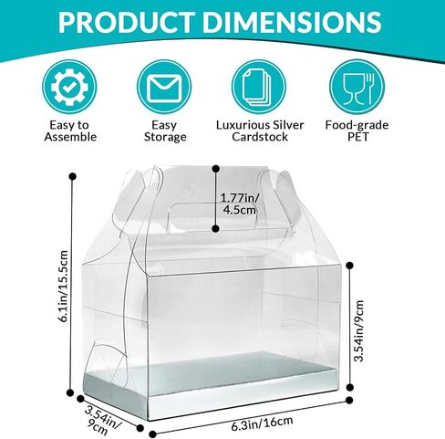20 pcs Clear Gable Bakery Gift Boxes with Silver Cardboard Medium, Clear Gable Boxes with Cardboard, Favor Boxes Dessert Cookie Cupcake Birthday Wedding Baby Shower (6.3""x3.5""x3.5""), CSB-S100 in Saudi Arabia