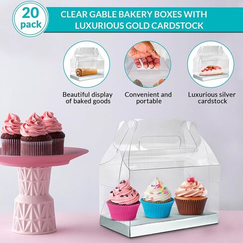 20 pcs Clear Gable Bakery Gift Boxes with Silver Cardboard Medium, Clear Gable Boxes with Cardboard, Favor Boxes Dessert Cookie Cupcake Birthday Wedding Baby Shower (6.3""x3.5""x3.5""), CSB-S100 in Saudi Arabia