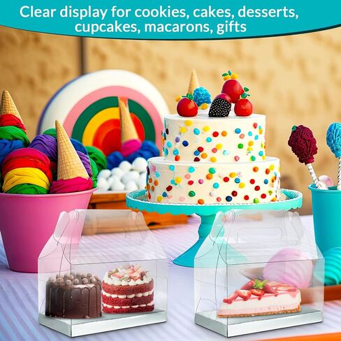 20 pcs Clear Gable Bakery Gift Boxes with Silver Cardboard Medium, Clear Gable Boxes with Cardboard, Favor Boxes Dessert Cookie Cupcake Birthday Wedding Baby Shower (6.3""x3.5""x3.5""), CSB-S100 in Saudi Arabia