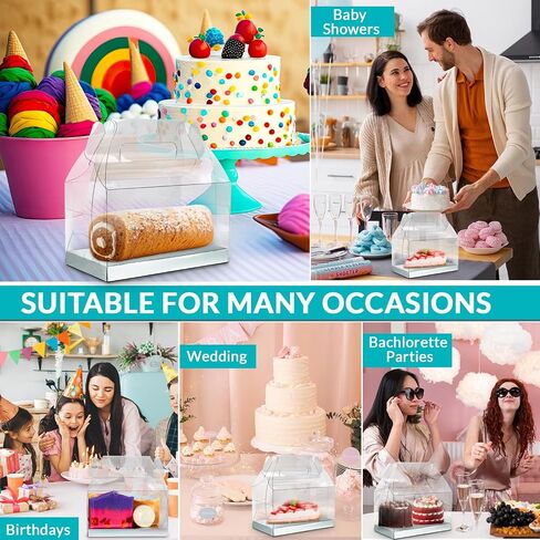 20 pcs Clear Gable Bakery Gift Boxes with Silver Cardboard Medium, Clear Gable Boxes with Cardboard, Favor Boxes Dessert Cookie Cupcake Birthday Wedding Baby Shower (6.3""x3.5""x3.5""), CSB-S100 in Saudi Arabia