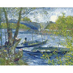 YEESAM ART الطلاء بالأرقام للوحات الشهيرة للبالغين، صيد السمك في الربيع بواسطة Van Gogh مقاس 16 × 20 بوصة من قماش الكتان الأكريليك DIY مجموعات طلاء الأرقام (مؤطرة)