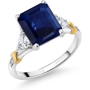 925 Silver and 10K Yellow Gold Blue Sapphire and Forever Classic Moissanite From Charles & Colvard and Diamond Engagement Ring For Women (3.79 Cttw, Emerald Cut 10X8MM, Trillion 3.5MM)
