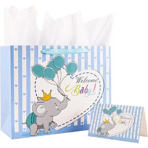 U'COVER 13" Welcome Baby Boy Girl Gift Bags for Baby Shower Medium Size with Ribbon Handles Cute Elephant Balloon Kraft Paper Bag with Tissue Paper Greeting Card 13 X 4.7 X 10 inch