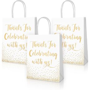 Queekay 80 Pcs Wedding Welcome Gift Bags for Hotel Guests Thanks for Celebrating with Us Paper Bags with Handles Gold Foil Kraft Gift Paper Bags for Wedding, Baby Shower, Birthday (10 x 8 x 3 Inch)