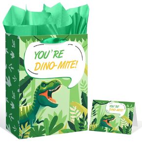 13" Dinosaur Birthday Gift Bag, Green Dinosaur Gift Bag with Greeting Card and Tissue Paper for Boys Girls Dinosaur Party Favor Bags Wrapping Paper Bag for Graduation Dinosaur Birthday Party Supplies