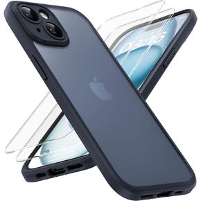 TOCOL 3 in 1 for iPhone 15 Plus Case, Upgraded [Full Camera Protection] [15FT Military Grade Protection], Translucent Matte Shockproof Protective Bumper for iPhone 15 Plus 6.7 Inch, Black