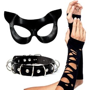 Black Cat Mask Costume Accessories Cat Woman Costume for Women Halloween Masquerade Mask Adult, Funky Lace Gloves & Faux Leather Choker Necklace 3PC