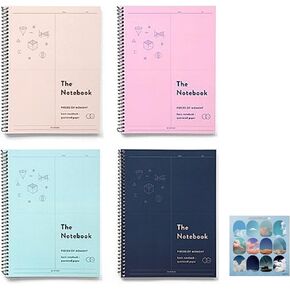 Simple Aesthetic Cute Korean Soft Spiral Square Grid Graph Notebook for Math Studying, School 4 Pack Set + 1 dalgaru Sticker Sheet, Mint, Navy, Pink, Beige