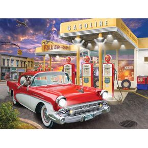 Bits and Pieces – 300 Piece Jigsaw Puzzle for Adults – Fill'er Up - Old Fashioned Gas Station Car Jigsaw Puzzle by Artist Bigelow Illustrations, Completed Puzzle Size: 18" x 24"