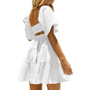 Women's Summer Dresses Square Neck Short Sleeve Cutout Crossover Elastic Waist Casual Party A-Line Mini Dress White