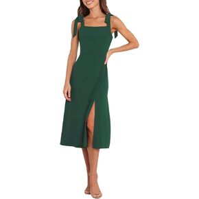 AIMCOO Tie Shoulder Square Neck Casual Dress with Pockets Floral A Line Side Slit Solid Summer Midi Dresses for Women 2024