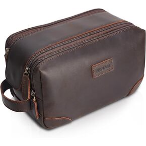 Polare Full Grain Leather Trim Waxed Canvas Travel Toiletry Bag Dopp Kit Large Cosmetic Travel Case Shaving Kit Wash with YKK Zippers (Brown)
