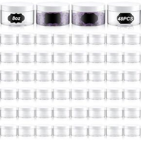 Uiifan 48 Pcs 8 oz Plastic Cosmetic Jars with Lids and Labels Empty Refillable Cosmetic Leak Proof Containers Lotion Jars for Cream Body Butters Powder Ointment Lip Scrub (Clear with Black Lids)
