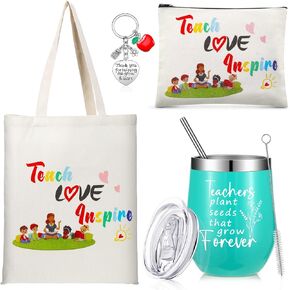 Hillban 4 Pcs Teacher Appreciation Gift Set Including Teacher Keychain Makeup Cosmetic Bag Teacher Tote Bag 12oz Stainless Steel Tumbler for Women Christmas Birthday Valentine's Day (Classic Style)
