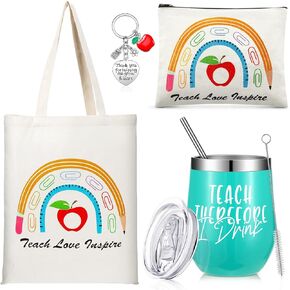 Hillban 4 Pcs Teacher Appreciation Gift Set Including Teacher Keychain Makeup Cosmetic Bag Teacher Tote Bag 12oz Stainless Steel Tumbler for Women Christmas Birthday Valentine's Day (Classic Style)