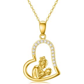 14K Solid Gold Mom Necklace for Women Mother and Daughter Love Heart Pendant Necklace Jewelry Gift for Mothers Day Birthday