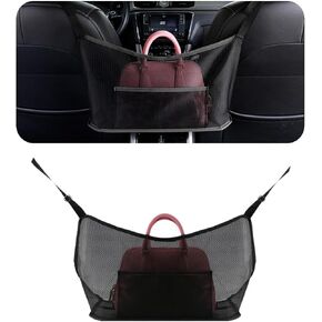 Kewucn Car Net Pocket Handbag Holder, Auto Mesh Bag Organizer Between Two Front Seats, Large Capacity Seats Back Storage Purse Holder, Backseat Pet Kid Barrier Car Accessories (Black)