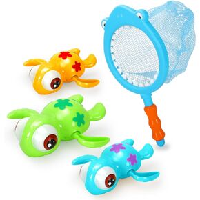 Bath Toys Set for Toddlers 1-3 Kids 4-8, 3Pcs Wind Up Swimming Turtle Water Toys with 1Pcs Shark Fishing Net, Floating Wind Up Turtle Bathtub Toys for Boys and Girls