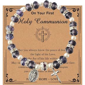 Crystal Cross Beaded Rosary Stretch Bracelets with Card 8mm Beads Catholic Religious Rosary Elastic Bracelets with Crucifix and Medal for Women Men Inspirational Faith Jewelry Gifts