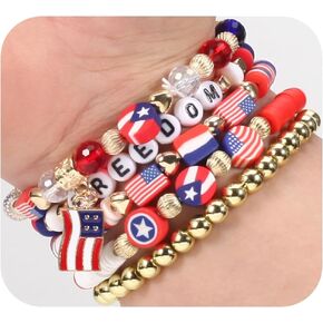 American Flag Bracelet Set for Women Girl Stackable Beaded Stretch Red White Blue Independence Day Patriotic Bracelet Preppy Summer Beach Bracelets Jewelry
