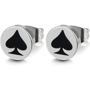 Mens Womens 8MM Circle Stud Earrings with Spade in Black Enamel, Stainless Steel