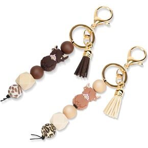 Highland Cow Silicone Beaded Keychain Aztec Cactus Key Ring with Tassel Western Key Holder for Cow Lover