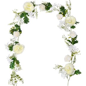 2 Pack Artificial Peony Flower Garland - 6ft Silk Peony Garland Flower Vine Blue and White Peony Silk Roses Flowers for Wedding Arch Party Table Decor (2, Blue)