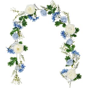 2 حزمة من إكليل زهرة الفاوانيا الصناعية - 6 أقدام من الحرير الفاوانيا إكليل زهرة الكرمة الأزرق والأبيض الفاوانيا ورود حريرية لديكور طاولة حفلات الزفاف (2، أزرق) in Kuwait