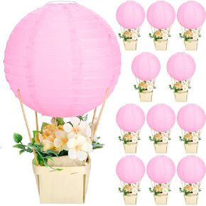 12 Sets Baby Shower Hot Air Balloon Table Centerpieces 10 Inch Large DIY Paper Lanterns Gender Reveal Decorations for Wedding Birthday Party Favors Decor with Wooden Baskets Sticks(Pink)