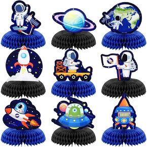 9 Pcs Outer Space Party Decorations Space Theme Honeycomb Centerpiece Paper Planet Table Decor Astronaut UFO Table Topper Solar System Party Supply for First Trip Around The Sun Birthday Baby Shower