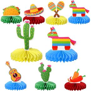 8 PCS Mexican Fiesta Honeycomb Table Centerpiece Cactus Donkey Maraca Sombrero Guitar Table Toppers Centerpieces Decro for Mexican Fiesta Theme Baby Shower Birthday Party Table Decorations Supplies
